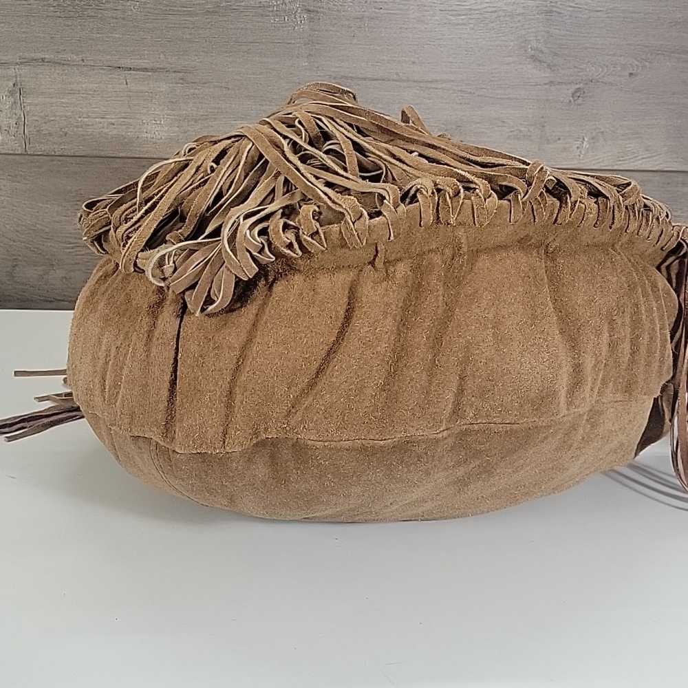 Raj for Anthropologie Boho Fringe Suede Bucket Crossbody Bag - Tan - Picture 8 of 12